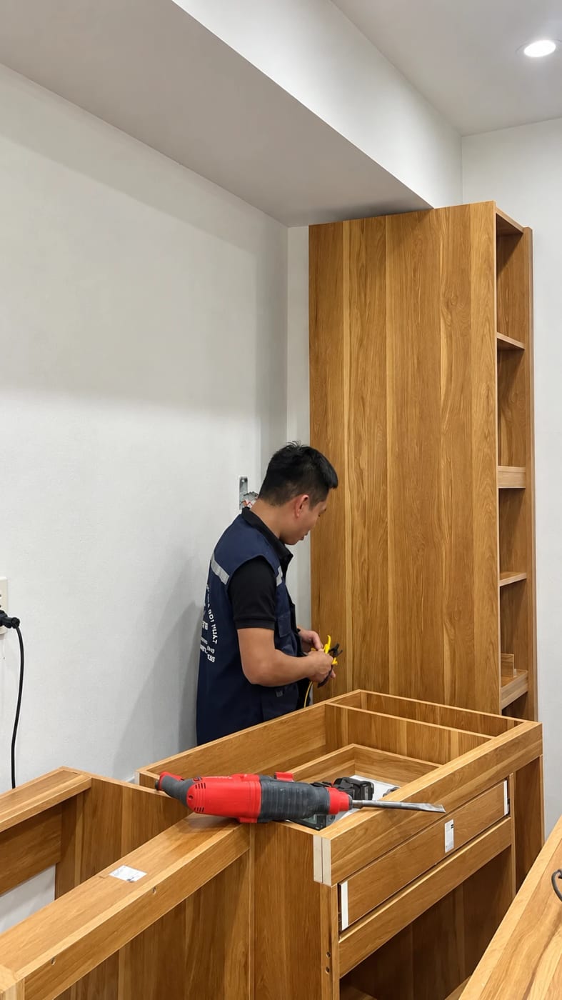 Thợ GOMITA lắp tủ cao gỗ sồi
